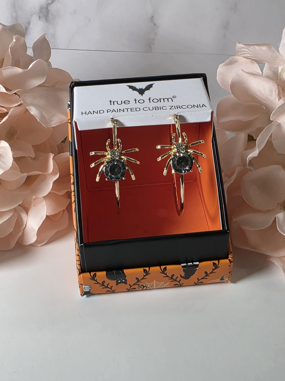 True to Form -Gold Spider Hoop Earrings with Clear Cubic Zirconia